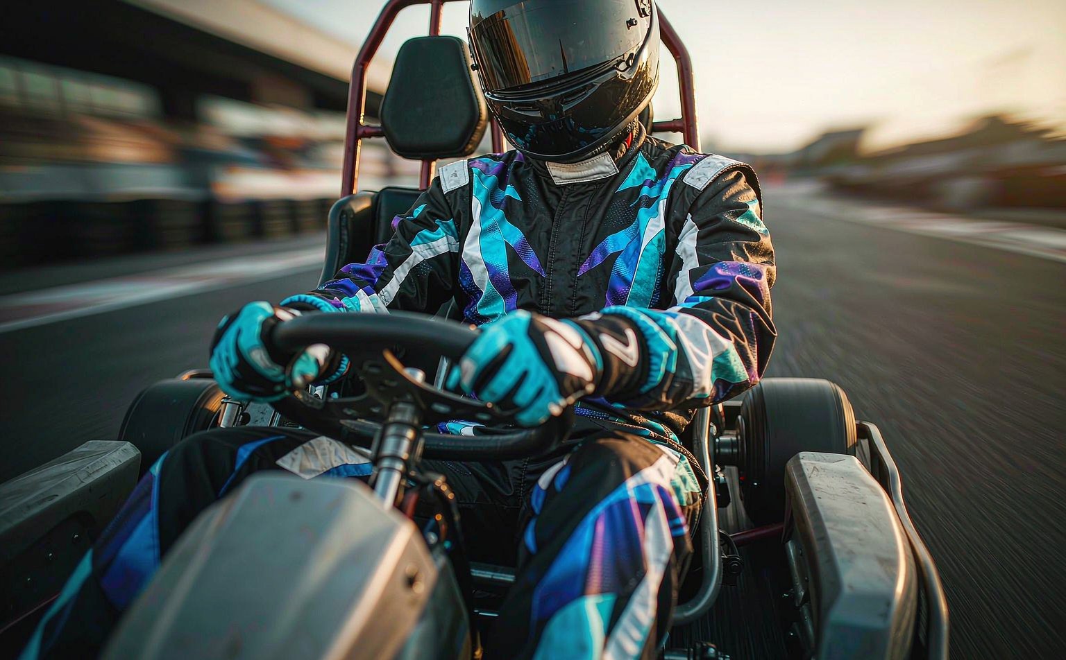 Driver in a custom sublimated karting suit on track
