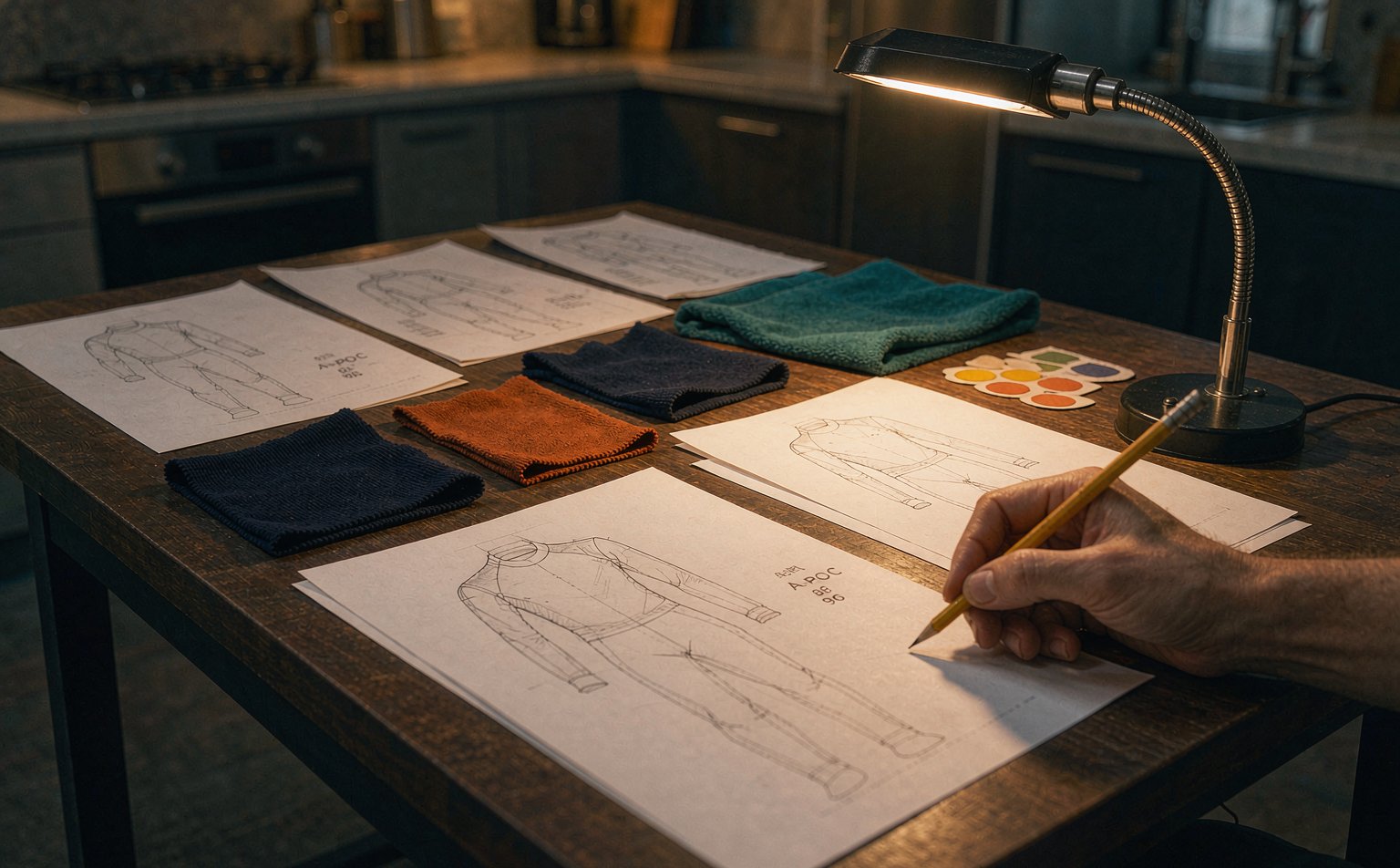 A designer sketching racing suit layouts at the studio desk